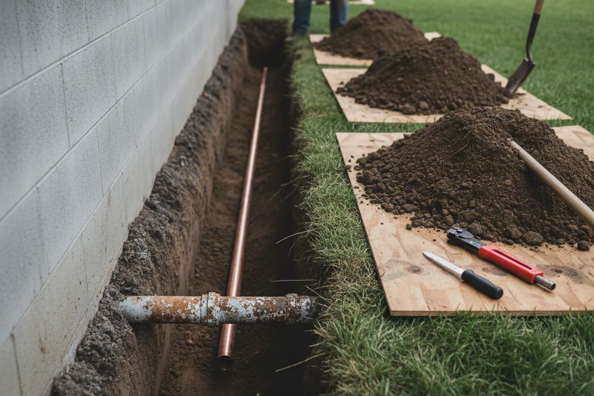 Excavated water line trench during Sewer Line Repair in Convent